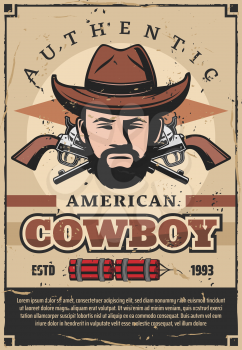 American cowboy in hat retro poster with crossed revolvers and dynamite. Brutal western criminal or bandit with beard and vintage pistols. Male characters head from wild west and weapon vector