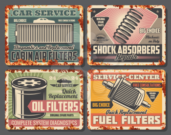 Car repair service retro cards covered with rust. Cabin air and fuel or oil filters, shock absorbers for vehicle, garage fixing posters. Auto parts replacement and automobile repairing vector icons