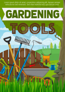 Gardening tools agriculture or horticulture equipment poster. Shovel or spade, rake and water hose, watering can and wheelbarrow, forks and hoe on grass,fence under tree, vector farming instruments