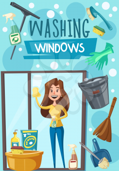 Washing windows poster with housewife, household chore and housekeeping. Housewife with cloth and cleaner sprayer washes or polishes glass. Broom and bucket, scoop and brushes, gloves and basin vector