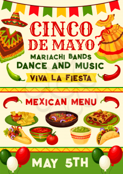 Cinco de Mayo fiesta party poster with mexican holiday traditional food and costume. Sombrero, chili and jalapeno pepper, Mexico flag, festive bunting and balloon for Spring Festival invitation design