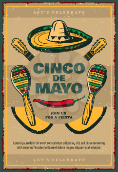 Cinco de Mayo Mexican holiday sketch retro poster of sombrero, jalapeno pepper and maracas or guitars. Vector Mexico flag design for Cinco de Mayo Mexican fiesta party invitation or greeting card