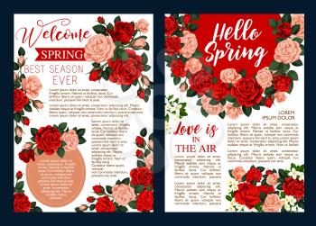 Rose flower wreath festive banner for Hello Spring season celebration design. Floral bouquet of red and pink rose flower, blooming jasmine branch with white blossom and green leaf greeting poster