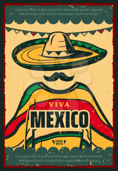 Viva Mexico retro poster for Cinco de Mayo holiday celebration. Mexican fiesta party sombrero hat, mustache and poncho festive banner, decorated with bunting in colors of mexican flag