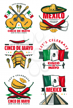 Cinco de Mayo sketch icons for Mexican holiday greeting card design. Vector isolated set of jalapeno pepper, sombrero and guitar or maracas, Mexico flag and poncho for Cinco de Mayo celebration