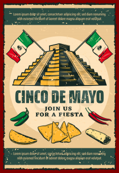 Cinco de Mayo fiesta party invitation poster for mexican holiday. Ancient aztec pyramid with Mexico flag, chili pepper and jalapeno, taco, nacho and burrito retro banner for Puebla Battle anniversary
