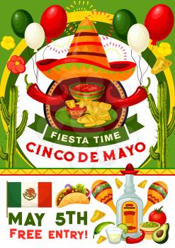 Cinco de Mayo party invitation banner of mexican holiday celebration. Fiesta party food, drink, chili and jalapeno pepper, sombrero, maracas and cactus, tequila, Mexico flag and firework poster design
