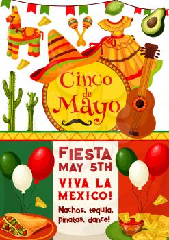 Cinco de Mayo and Viva Mexico fiesta party invitation. Mexican holiday traditional food, drink, chili and jalapeno pepper, sombrero, maracas and cactus, guitar, Mexico flag and pinata festive banner