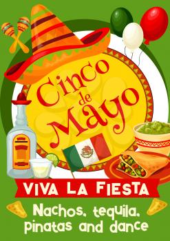Mexican Cinco de Mayo holiday poster for fiesta party invitation. Mexico Spring Festival food and drink, festive sombrero, maracas and mexican flag, adorned by ribbon banner and ethnic ornament frame