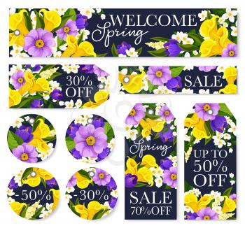 Spring sale tags for seasonal discount store shopping design. Vector set of daffodils, tulips and crocuses bouquet or springtime blooming snowdrops, crocuses or violets for spring sale store