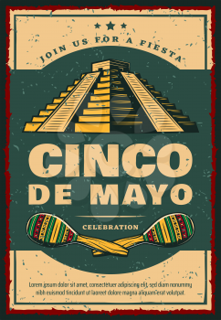 Mexican holiday retro banner for Cinco de Mayo fiesta party invitation. Maracas and ancient aztec pyramid festive poster, adorned with ethnic ornament for Latin American spring festival design