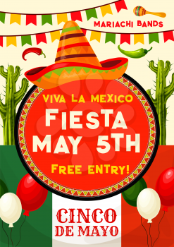 Viva Mexico fiesta party invitation banner for Cinco de Mayo holiday celebration. Mexican festival sombrero with maracas, chili and jalapeno pepper, cactus and Mexico flag poster, decorated by bunting