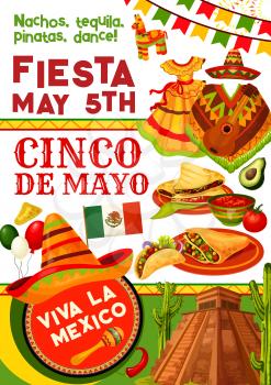 Cinco de Mayo party invitation banner for mexican holiday celebration. Mexican spring festival sombrero, food and drink, Mexico flag, maracas, chili and jalapeno pepper, cactus, guitar and pinata