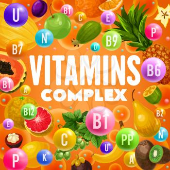 Vitamins and minerals complex in fruits vector design. Orange, apple and papaya, pineapple, grapefruit and kiwi, lemon, melon and banana ingredients of natural vegetable multivitamins and vegan diet