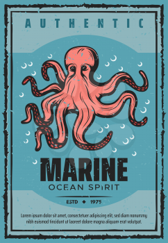 Octopus underwater monster, seafarer tour adventure. Vector vintage nautical design of marine travel and sea or ocean spirit