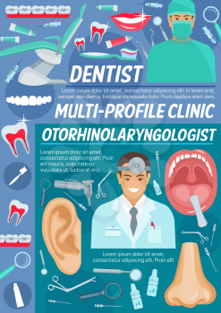 Dental and otolaryngology clinic, diagnostics and treatment. Vector dentist and otolaryngologist doctor, human organs, medical otoscope, syringe and catheter, tooth implants and orthodontic braces