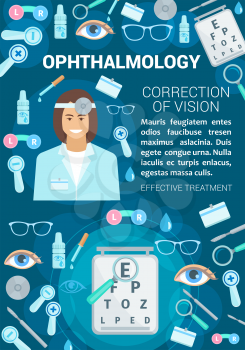 Ophthalmology or vision correction medical clinic. Vector ophthalmologist doctor, eye diagnostics and treatment items of glasses, optical test and lenses with dropper and pills