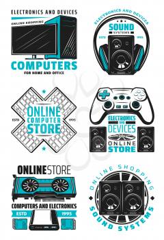 Electronic devices and computer online store icons. Vector home and office appliances, PC notebook, audio and video multimedia players, Hi-Fi systems and game consoles with joystick and headphones
