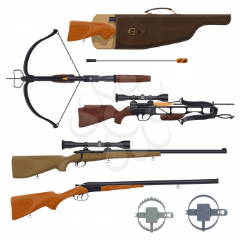 Hunting equipment and weapons icons. Vector rifle gun in holster, arbalest or crossbow arblast with optical sight and trap.Wild animals or hunt shooting training theme
