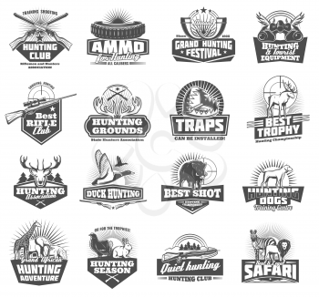 Hunting club symbols and wild animals icons, hunter open season adventure. Vector ammo rifle fun or knife and binoculars with trap, duck, elk or deer antlers and african safari zebra or lion