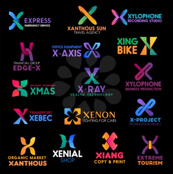 Letter X, company brand name and corporate identity. Vector abstract X icons of express service, travel agency or recording studio and technology project or food market and business industry