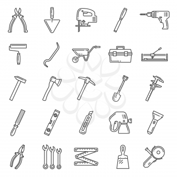 Tools lineart icons, construction and repair equipment. Vector hammer, wheelbarrow and woodwork file, grinder, plastering spatula and painting brush or sprayer, building spade and hammer in toolbox