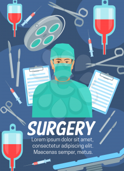 Surgery medicine. Cardiology, orthopedics or traumatology treatment. Vector surgeon doctor with medical equipment operating table, scissors or scalpel, blood dropper and syringe