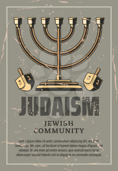 Judaism menorah lampstand, Jewish holiday. Vector vintage Judaism religion symbol with Hanukkah menorah and dreidel spinning top with Hebrew script writings