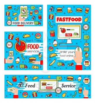 Fast food delivery and online fastfood restaurant order. Vector customer buy and purchase on computer or smartphone. Burgers, pizza and sandwiches delivery