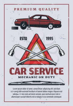 Car service retro advertisement, auto mechanic repair and garage station. Vector vehicle tire replacement or pumping on jack, warning red triangle and lug wrench