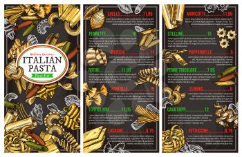 Italian pasta restaurant menu. Vector sketch conchiglie, pennette or gnocchi and rotini, homemade farfalle, tortiglioni or lasagna and manicotti with penne tricolore