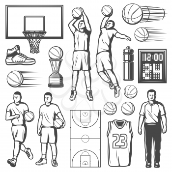 Basketball sport game icons, players and equipment. Vector isolated basketball ball and net, championship cup award, referee with whistle and sneakers or shirt vest and scoreboard
