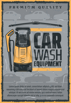 Car wash equipment advertisement, auto service station. Vector vacuum cleaner with glass scrape or washer, upholstery cleaning and premium vehicle garage service