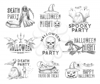 Halloween holiday party sketch icon set. Ghost, pumpkin lantern, bat and witch, spooky skeleton skull, cemetery grave with zombie hand, coffin and cat symbol for Halloween celebration themes design