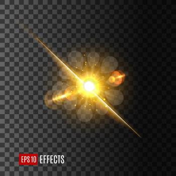 Sun or star light flash icon on transparent background. Vector isolated light beam or shining ray with lens flare or gleaming bokeh glare effect of sparkling or glittering light of twinkle star