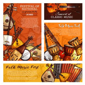 Live music festival or national and ethnic folk musical instruments posters and banners templates. Vector set of jazz saxophone, accordion or jembe drums and fiddle violin, banjo guitar or balalaika