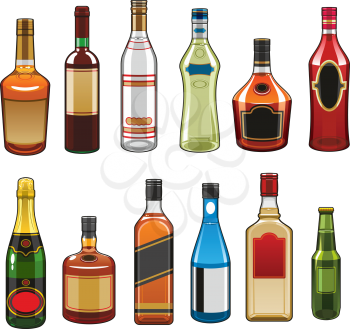 Alcohol drinks bottles icons. Vector isolated set of whiskey, champagne or sparkling vine and gin with vermouth or brandy liquor, party beverages rum, tequila or cognac and vodka bottle