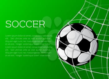 Soccer match or football sport championship poster template. Vector football or soccer ball in goal gates on playing field for tournament announcement or sport event and information flyer