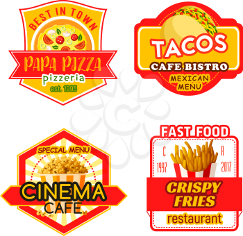 Fast food icons for pizzeria or cinema bistro cafe. Vector fastfood pizza, tacos snack or crispy french fries and popcorn bucket dessert for fast food restaurant menu template