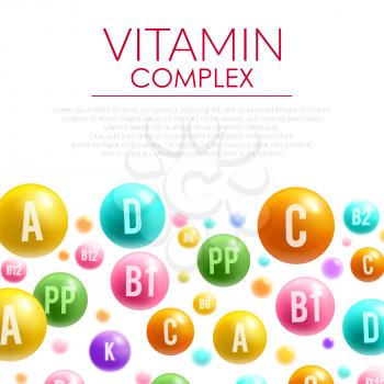 Vitamin complex poster of vitamins letters on bubble balls. Vector design of A, B and C and PP or ascorbic acid vitamin D mineral for healthy lifestyle or health drug package design template