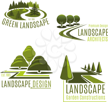 Gardening or green landscape design company icons set. Vector isolated green tree park, nature eco village or woodland and parkland for landscaping horticulture and garden planting association