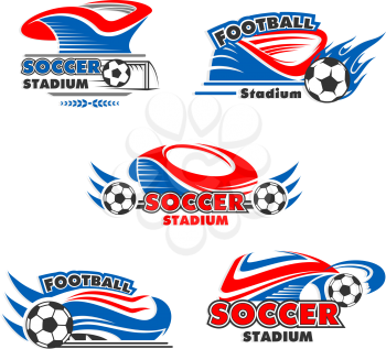 Soccer stadium or football sport arena icons set. Vector isolated badges set of soccer ball flying with wings for sport fan club or football game championship star award and laurel wreath