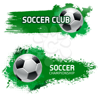 Soccer club or football sport team icon template of flying ball and green color splash. Vector isolated symbol of goal for soccer championship or college league tournament