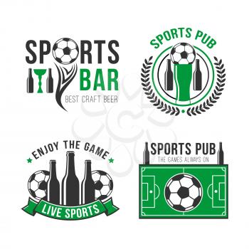 Soccer sport bar or football fan pub icon design template. Vector signs of soccer ball, beer cup or glass bottle, laurel wreath ribbon and tournament champion stars on football green field