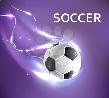Soccer ball poster design of 3d football ball flying with glittering or sparkling tail and light trace in goal gates. Vector design for soccer cup tournament or team league championship