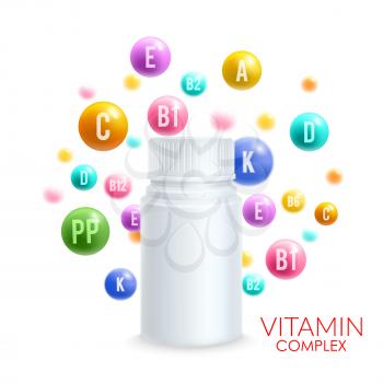 Vitamin complex design template for vitamin pills package advertising. Vector 3D plastic bottle with cup and vitamin ball bubbles with letters of A, B and C and PP or ascorbic acid vitamin D mineral