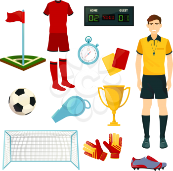 Soccer or football sport icons. Vector isolated set of soccer ball, goal gates and football player uniform and referee whistle and goalkeeper gloves, champion or winner golden cup and score stopwatch