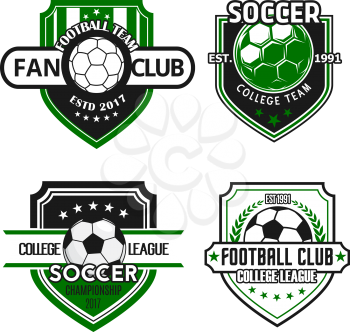 Soccer fan club or football sport game team heraldic icon templates. Vector set of football ball, winner cup laurel wreath and stars on green shield badge for soccer championship college league