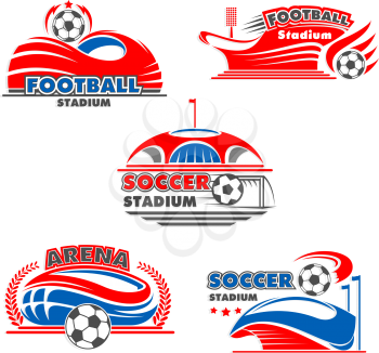 Soccer stadium or football sport arena icons. Vector isolated badges set of soccer ball in motion, flag on arena and stars in laurel wreath for sport fan club or football league game championship