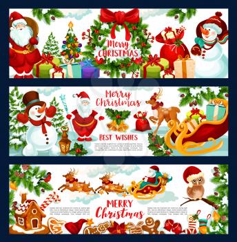 Merry Christmas winter season greeting banners design for happy holiday wishes. Vector Christmas tree decorations, snowman and Santa reindeer in sleigh with present gifts and golden bells in snow